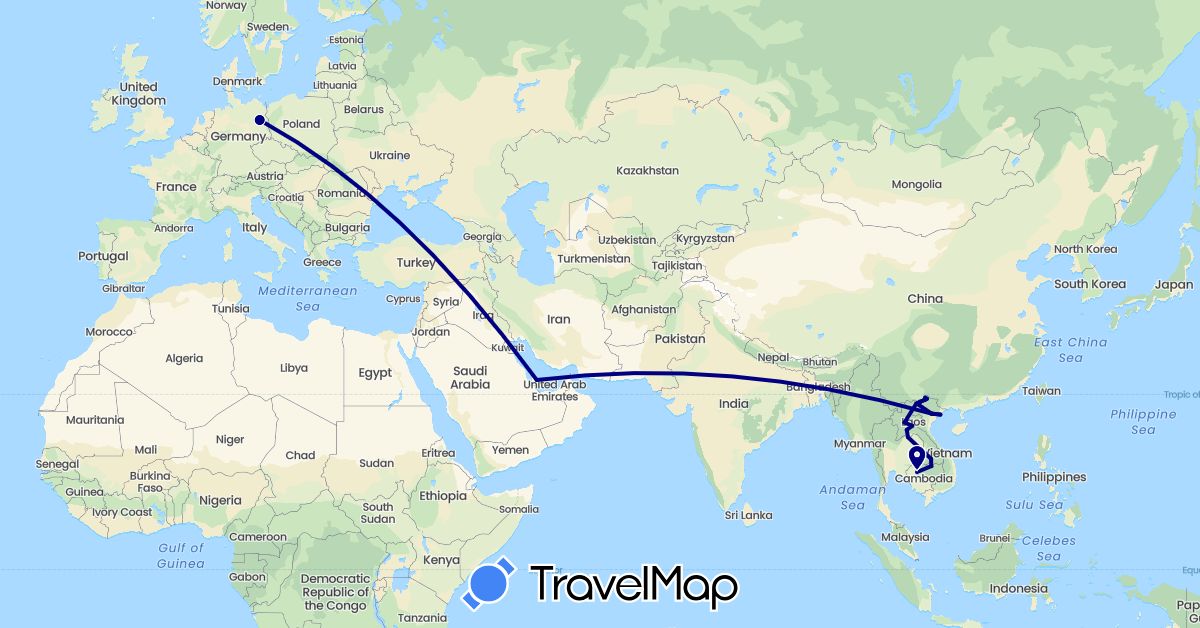 TravelMap itinerary: driving in Germany, Cambodia, Laos, Qatar, Vietnam (Asia, Europe)